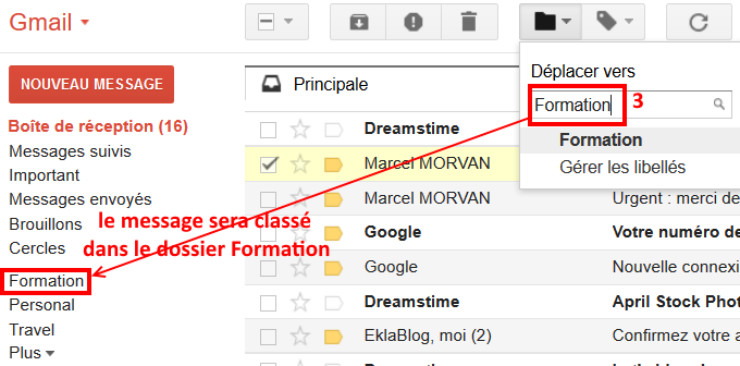 Gmail déplacer un message vers un dossier