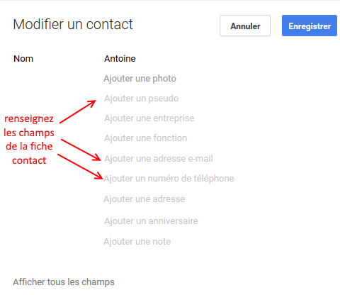 Gmail : fiche contact