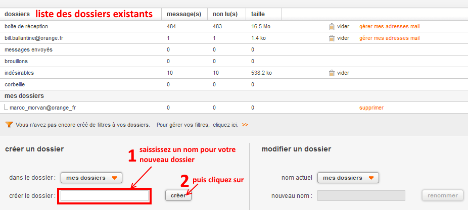 créer un dossier de messagerie Orange