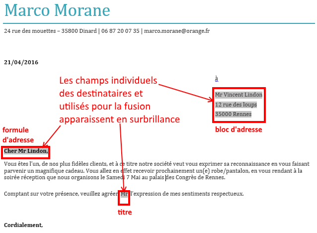 lettre fusionnée par le publipostage Word