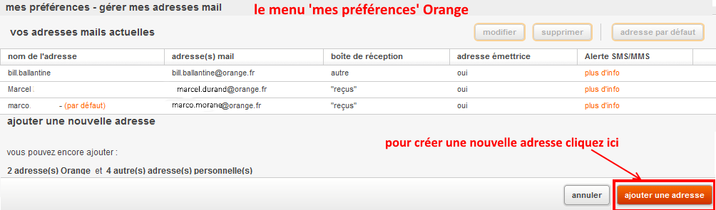 orange mail menu mes préférences