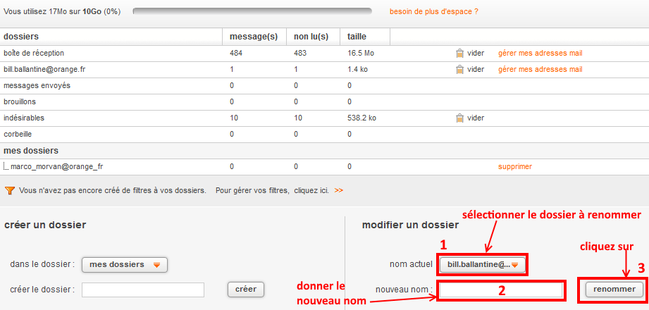 renommer un dossier de messagerie Orange