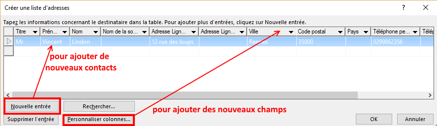 saisie de la liste des destinataires du publipostage