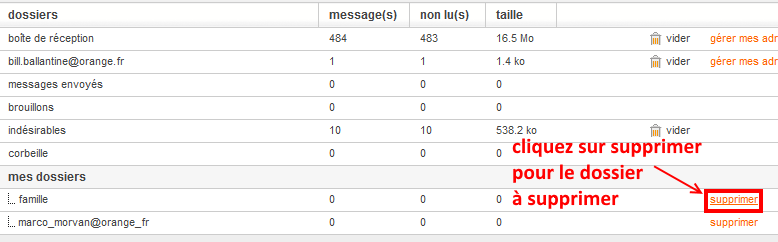 supprimer un dossier de messagerie Orange