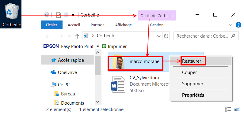 comment restaurer un élément de la corbeille ?