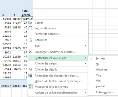 Un champ de valeur numérique dans un tableau croisé dynamique utilise Somme par défaut